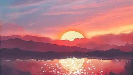 Watercolor animated painting cinemagraph timelapse golden hour sunset sunrise background setting sun backdrop, music visualizer meditation hypnosis nature outside outdoor beauty (generative AI, AI)