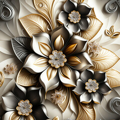 A beautiful wallpaper of golden and silver diamond flowers on silk background using generative AI.