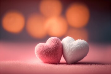 Two fluffy hearts with bokeh effect background. Pink and white snow hearts for Valentine's Day. Saint Valentine and lover's Day concept. Generative AI.