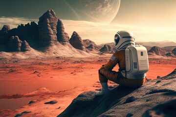 An astronaut sits on the rock and looking on the landscape and planet in front of him, rear view. Stunning photorealistic illustration generated by Ai	