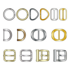 Metal buckle flat sketch vector illustration set, different types of metal trims for decorating and tailoring clothes, shoes, bags. 
Metal O-ring, D-ring, buckles, and belt buckles.
Fashion items. - obrazy, fototapety, plakaty
