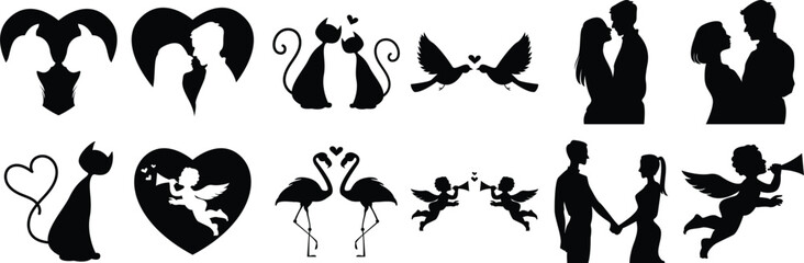 set of silhouettes of plants valentines silhouette icon