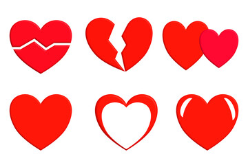 High resolution set of hearts on transparent background. The 14th february symbol.
