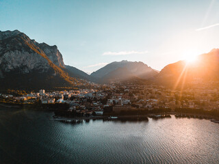 Aerial view of Lecco city in the southeastern shore of Lake Como, in northern Italy. - obrazy, fototapety, plakaty