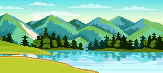 Fototapeten Panorama of beautiful nature, grasslands meadow with forest, scenic blue lake, mountains on horizon background. Mountain lake landscape vector illustration © Faruk