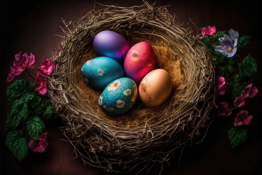 Easter Eggs In A Natural Nest With Bird Eggs On A Black Background. View From Above And Horizontal Illustration. Generative AI