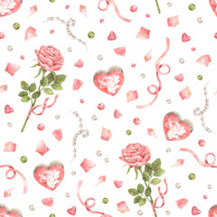 Vintage St. Valentine's day pattern. Watercolor hand-drawn seamless texture with pink roses, vintage valentines and ribbons. Pattern for wrapping paper and greeting cards