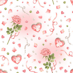 Vintage St. Valentine's day pattern. Watercolor hand-drawn seamless texture with pink roses, vintage valentines and ribbons. Pattern for wrapping paper and greeting cards