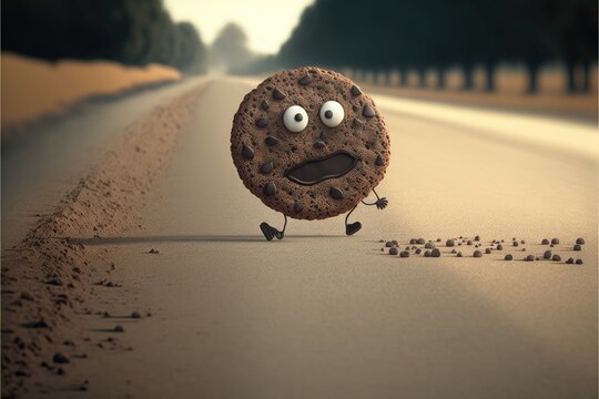 Funny personified cookie crossing away the road. Generative AI