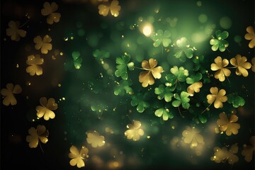 St. Patrick's Day abstract dark background decorated with green and golden shamrock leaves. Saint Patrick Day party celebrating. Horizontal illustration. Generative AI