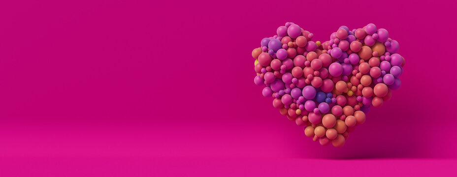 Multicolored Balloon Love Heart. Purple, Pink and Orange Balloons arranged in a heart shape. 3D Render with copy-space. 