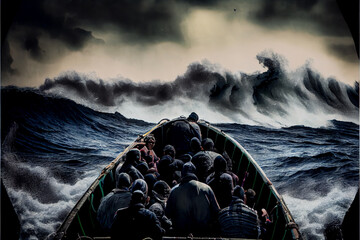 Refugees on an old boat in a stormy sea. - obrazy, fototapety, plakaty