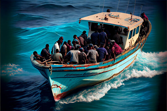 Refugees on an old boat in a stormy sea.