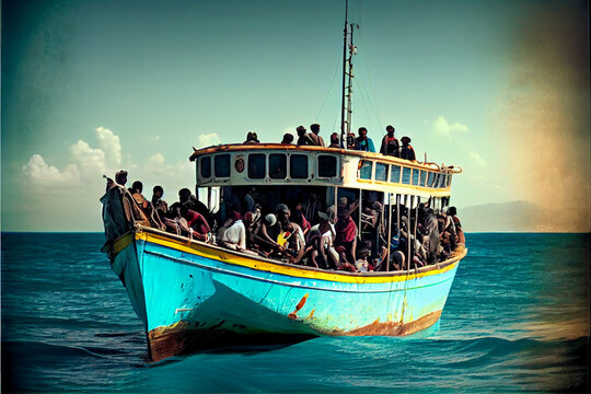 Refugees on an old boat in a stormy sea.