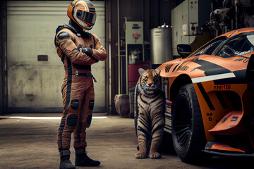 Race car driver and tiger in garage with powerful car, generative art