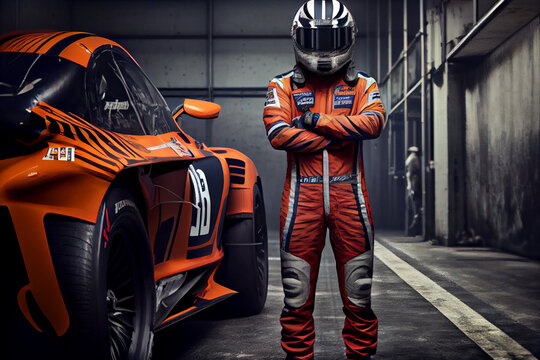 Driver Wearing Helmet Standing Next To Orange Race Car, Generative Art