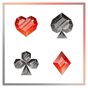  Suits of playing cards. Spades, Hearts, Clubs, Diamonds. Isolated objects on a white background. Black and red crystals.