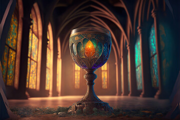 Holy grail chalice in a temple, magic item, Generative AI