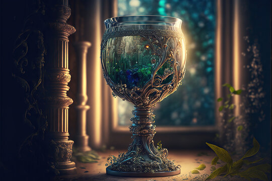 Holy grail chalice in an abandoned fantasy room, magic item, Generative AI