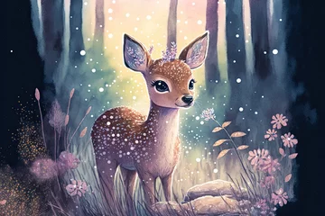 Gartenposter cute adorable fawn standing in a night forest with flowers, childrens book illustration, ai art, watercolor design © Conner2k