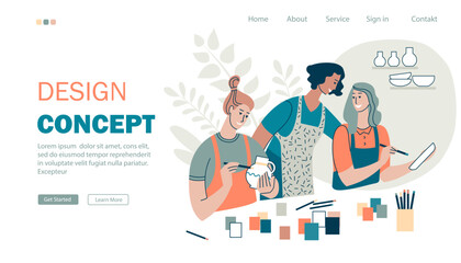 Website landing page about pottery classes, workshop, art classes for adults. Women paint ceramic pots together with the teacher. Flat style, web page design. Vector template. - obrazy, fototapety, plakaty