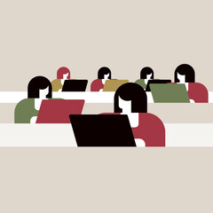 Geometrical illustration of female students working with their computer systems in a class room