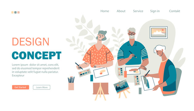 Landing page for an adult art class website. An older man and woman are engaged in painting in an art studio. Art therapy. Flat style, web page design. Vector template.