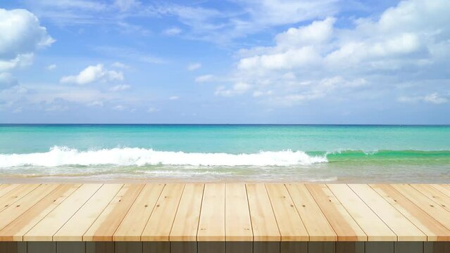 Wood table on tropical sea beach in sunny day High quality video 4K.