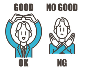 Young male businessperson gesturing with his arms by making a circle and a cross [Vector illustration].