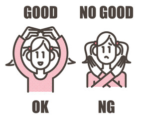 Girl gesturing with her arms by making a circle and a cross [Vector illustration].