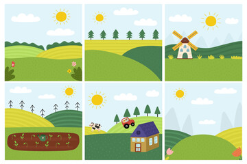 Green landscapes set in cartoon style. Farm background collection. Bundle with summer meadow prints. Doodle summer countryside. Vector illustration