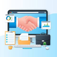 Business agreement banner. Computer with handshake on the screen. Briefcase, folder, charts icons. Web vector illustration in 3D style