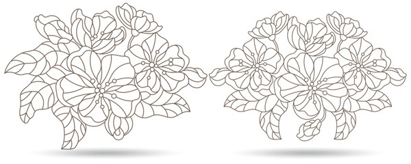 A set of contour illustrations in the style of stained glass with cherry blossoms, plants isolated on a white background