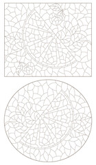 A set of contour illustrations in the style of stained glass with orange slices, dark contours on a white background