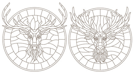 A set of contour illustrations in the style of stained glass with deer and elk heads, dark contours isolated on a white background