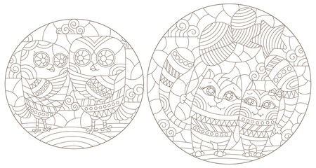 A set of contour illustrations in the style of stained glass with cute cartoon owls and cats, dark contours on a white background
