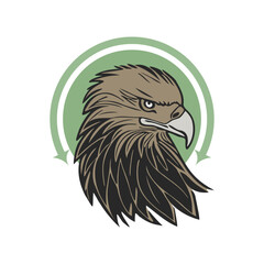Vector head of a serious eagle in a green circle with arrows on a white background. Emblem, icon or logo.