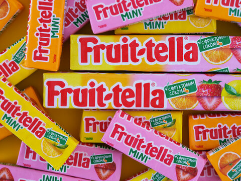 Tambov, Russian Federation - January 22, 2023 A pile of Fruit-tella candies packs with different flavoured.