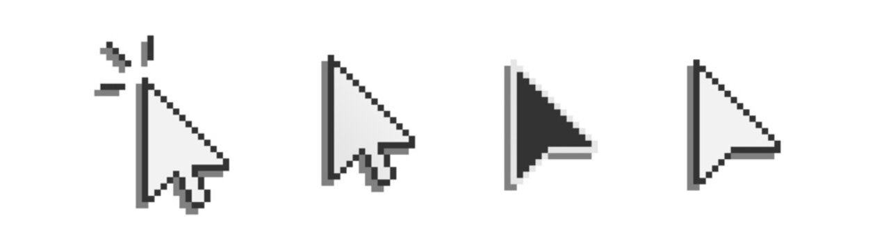 Mouse cursor icon set. Black and white pixelated arrow symbol. Clicking pointer sign. Old computer, web serfing, retro style. Flat design.