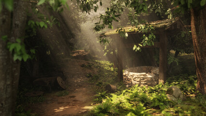 A deep forest, a old well, a cart and god rays sun shines through the leaves, big forest nature scene