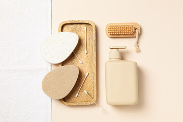 Concept of bath accessories, bath supplies, top view