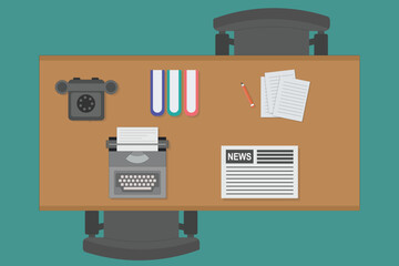 old retro office desk table illustration with typewriter telephone newspaper pencil and books flat vector