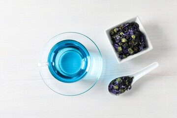 Concept of tasty hot drink, Anchan tea, top view