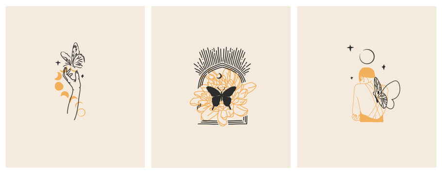 Hand drawn vector abstract graphic illustrations celestial design concept with logo magic line silhouette set of mystic flying butterfly,moth,sun and moon phase isolated. Magic drawing butterfly icon.