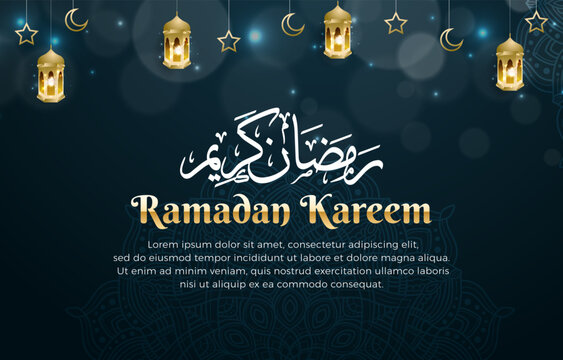 beautiful ramadan kareem template banner with luxury islamic ornament and abstract gradient dark blue background design