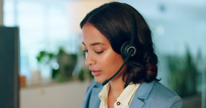 Business woman, call center and telemarketing for customer support, advice or help with headset at the office. Female employee consultant or agent talking and working on computer in online sales