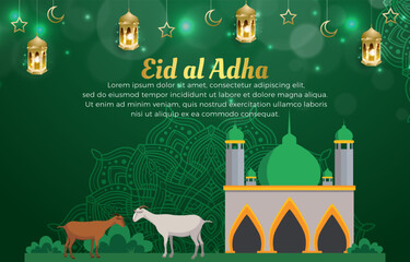 beautiful eid al adha template banner with luxury islamic ornament and abstract gradient green background design