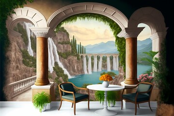 Fototapeta premium Digital Artwork of a Terrace with an Arch and Columns Overlooking a Majestic Waterfall, with Wallpaper and The Fresco by Generative AI