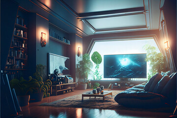 Sci-fi Livingroom interior on space, Modern Livingroom, Illustration with Generative AI.