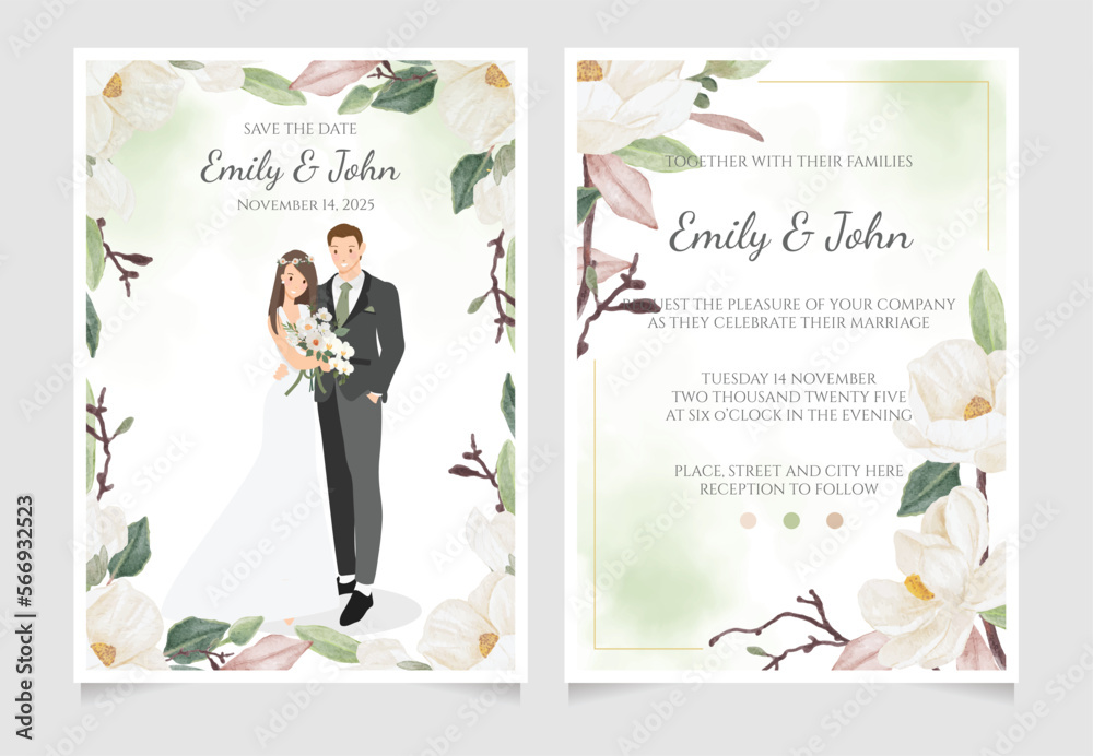 Wall mural cute young wedding couple on watercolor white magnolia flower bouquet wedding invitation card template collection